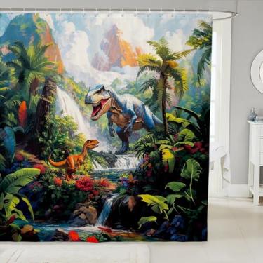 Imagem de jejeloiu Cortina de chuveiro infantil de dinossauro para decoração de banheiro, meninos meninas adolescentes 183 x 183 cm, cortina de banho com estampa de dinossauro 3D, acessórios de banheiro de