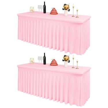 Imagem de 2 pacotes de roupas de mesa de elastano rosa para mesas retangulares de 1,8 m, capa de mesa resistente a vincos, saias de mesa elásticas laváveis para casamentos, festas, banquetes, festivais de