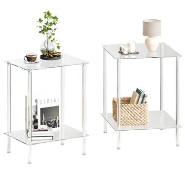 Imagem de Conjunto de 2 mesas laterais de vidro temperado com 2 mesas de canto de acrílico com 2 prateleiras de armazenamento transparentes de cabeceira de 2 andares, espaços pequenos, escritório, quarto, sala