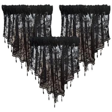 Imagem de Saia com contas, 3 peças de cortinas curtas transparentes pretas para janelas, cozinha, sala de estar, quarto, decoração de Halloween/51,2 x 23,6