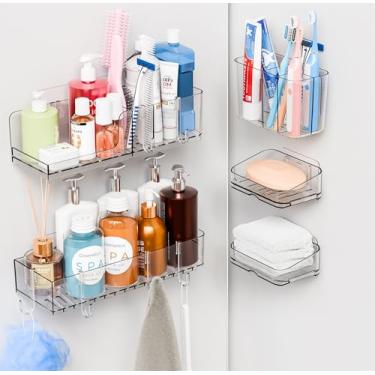 Imagem de Yieach Pacote com 5 prateleiras adesivas para chuveiro interno, suporte de chuveiro de acrílico transparente à prova de ferrugem, prateleiras de banheiro de plástico e suporte de armazenamento para