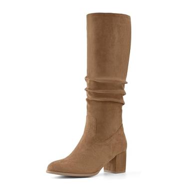 Imagem de Shoe'N Tale Botas femininas até o joelho, salto grosso, bico fino, camurça, desleixado, sapatos de inverno com zíper lateral, Camelo, 40
