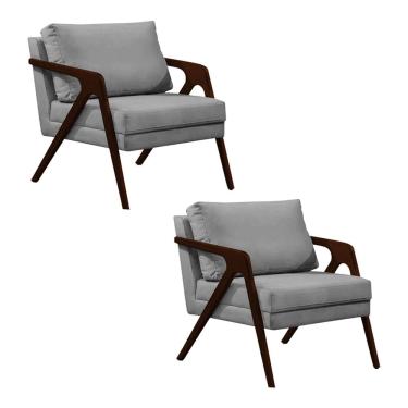 Imagem de Kit 2 Poltronas Mona Monique Luxo Base Madeira Maciça Castanho Veludo Cinza