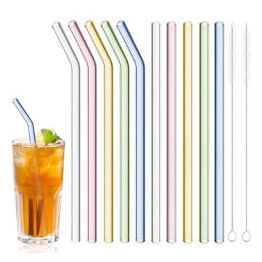 Imagem de Canudos de vidro reutilizáveis resistentes a quebras, 20 x 8 mm, 10 canudos coloridos de vidro com 2 escovas de limpeza, incluindo 5 canudos retos e 5 dobrados reutilizáveis para bebidas, leite, suco