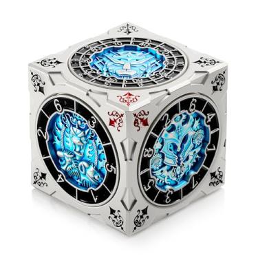 Imagem de DNDND 7-in-1 Spinner Dice Cube with Gift Box – Goristro and Couatl Themed D&D Collector's Set for TTRPG, Ideal Gift for Dungeon Masters and Players (Silver & Blue )