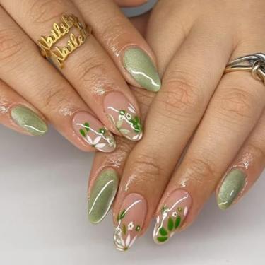 Imagem de Unhas postiças curtas de amêndoa, unhas falsas francesas, olho de gato, unhas artificiais com desenhos florais, prensas de unhas de acrílico, GreenStick nas unhas, para mulheres, 24 peças
