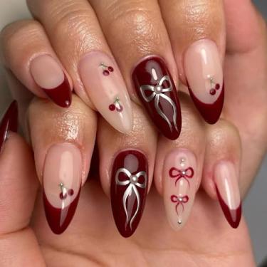 Imagem de Unhas vermelhas francesas com ponta de amêndoa, unhas postiças médias, laço dourado, cereja, cobertura completa, 12 tamanhos, 24 peças, LL05