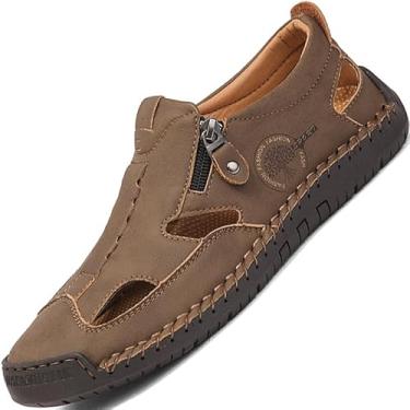 Imagem de Sandálias masculinas de bico fechado para homens, vestido de couro, branco, azul, marrom, preto, tamanho verão, chinelos, sapatos masculinos casuais, Marrom, 42