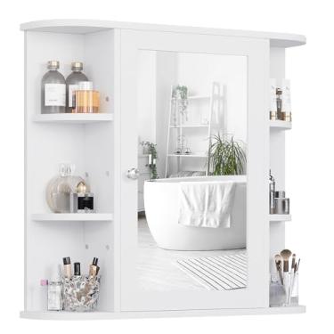 Imagem de Shintenchi Armário de parede de banheiro com espelho, armário de remédios montado na parede com 4 prateleiras internas e 6 abertas, porta espelhada sobre o armário de armazenamento do banheiro, branco