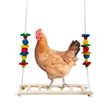 Imagem de Poleiro de balanço de frango de madeira natural de 40 cm com decoração de bolas de vime e corda ajustável - Brinquedo seguro para aves domésticas e galinhas e pássaros
