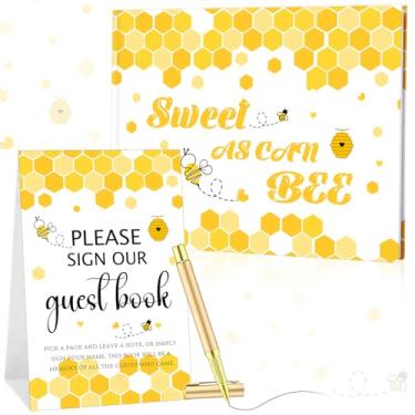 Imagem de Epakh Livro de visitas para chá de bebê de abelha com cartão de mesa e caneta dourada para decoração de festa de revelação de gênero, lembrancinhas, lembranças