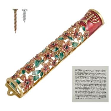 Imagem de Mezuzá esmaltada de liga de zinco, mezuzá de esmalte reutilizável, mezuzá esmaltada enfeitada com flor, capas de mezuzá com pergaminho, forma decorativa pintada à mão, mezuzá de esmalte de liga de