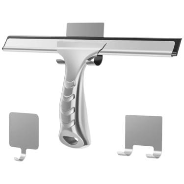 Imagem de Rodo de chuveiro de aço inoxidável de 25 cm com 2 ganchos limpador de chuveiro leve multijanela espelho rodo ferramenta de limpeza de banheiro para limpeza de azulejos de vidro de janela (1, prata)