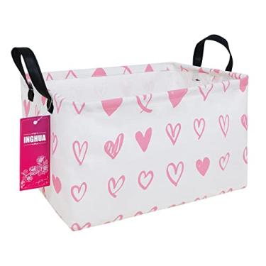 Imagem de INGHUA Cesto organizador de tecido retangular para brinquedos, livros, roupas, presentes, animais de estimação - perfeito para casa, escritório, berçário, dormitório, prateleira (corações rosa rec)
