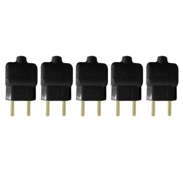 Imagem de Kit 5 Plug Tomada Pino Macho Prensa Cabo 2P Preto 10A 250V
