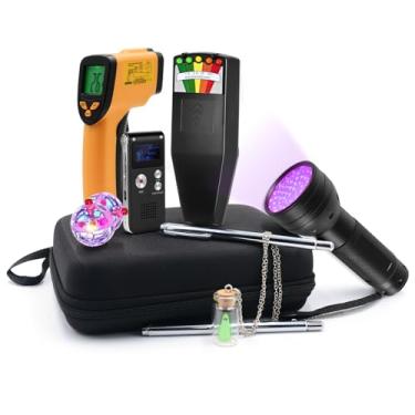 Imagem de 9 peças de equipamentos de caça de fantasmas incluem 1 medidor EMF, 1 rádio EVP, 1 lanterna UV, 2 varetas de mergulho, 2 bolas de gato, 1 colar fantasma, 1 pistola de temperatura para investigações
