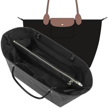 Imagem de Organizador de bolsa DupontPaper para Longchamp LePliage grande, modelador de bolsa com guia para chave e 17 compartimentos, suporte elástico atualizado + divisor de zíper médio antiderrapante (preto