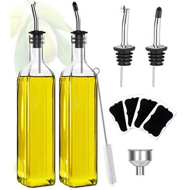 Imagem de Garrafa dispensadora de azeite de oliva, garrafa de galheteiro de óleo e vinagre de 500 ml, recipiente de óleo de vidro quadrado alto com 2 dosadores de aço inoxidável, 4 etiquetas, 1 pincel e 1 funil