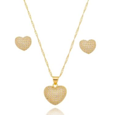 Imagem de LOMISS COLAR FEMININOS PINGENTE KIT BRINCO COLAR FOLHEADO A OURO 18K CORAÇÃO ZIRCÔNIA CRAVEJADA