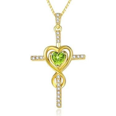 Imagem de CupidGift Colar de cruz para mulheres, banhado a ouro 14 K, pingente de pedra do mês de nascimento, pingente infinito de coração, joias religiosas, batismo cristão, fé, presentes de aniversário para
