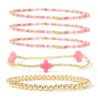 Imagem de SHINUS BOHO Conjunto de 5 pulseiras femininas com contas de ouro cruzado, pingente colorido elástico, feito à mão, amizade, joia boêmia, 7, Sem Pedra Preciosa