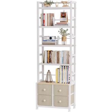 Imagem de Epouseter Estante de livros de 5 camadas, estante moderna com suportes de livros e 4 gavetas, prateleira de exibição industrial de metal, estante de armazenamento independente para quarto, sala de