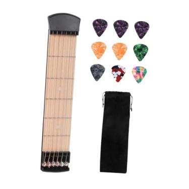 Imagem de KiBcsLic Ferramenta de prática de acordes de guitarra de bolso para ensino em casa e viagem para crianças e adultos com 9 palhetas mini 6 cordas, escala de 6, Preto