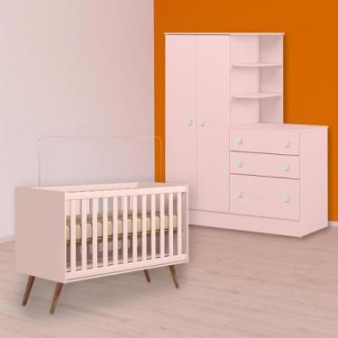 Imagem de Infantil Berço Mini Cama Retrô e Guarda Roupa C/ Cômoda Rosa - Qmovi