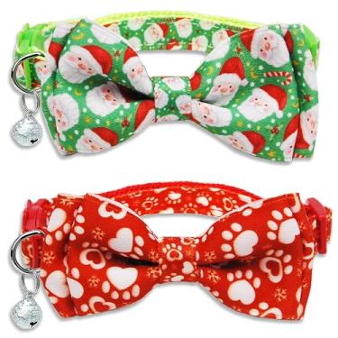 Imagem de Pacote com 2 coleiras de gato com estampa de Papai Noel com patas com gravata borboleta e sino, coleira fofa para meninos e meninas