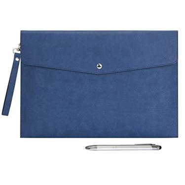 Imagem de Wonderpool A4 PU Envelope de couro de documentos portfólio de arquivos pastas multifuncionais bolsa de viagem para papel carta papelaria organizador e capa para tablet capa PC (azul escuro)