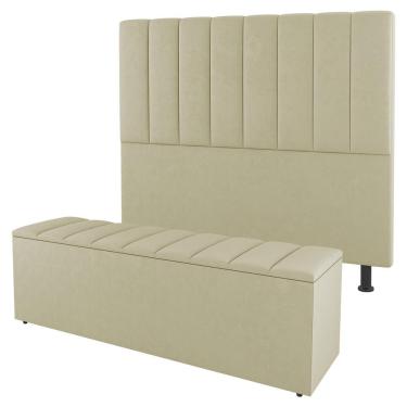 Imagem de Kit Cabeceira e Baú Cama Box Casal Cora 140cm Sintético Bege - Desk Design
