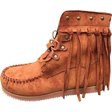Imagem de Botas femininas de camurça retrô – Botas de camurça com franja no tornozelo, bico redondo, estilo romano, retrô, com franja, sapatos baixos, Marrom, 9.5