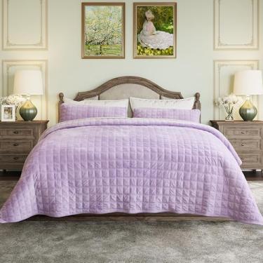 Imagem de Fleeco Conjunto de edredom queen de veludo, frente e verso, reversível, 238 x 236 cm, colcha ultramacia, luxuosa, com 2 fronhas combinando, roupa de cama para todas as estações, roxo