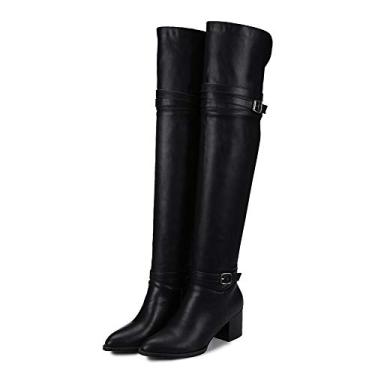 Imagem de Bigfanshu Botas femininas acima do joelho tamanho grande salto quadrado botas longas moda feminina vestido atlético ocasião fecho tornozelo e bota Chelsea Boots, Preto, 42 BR