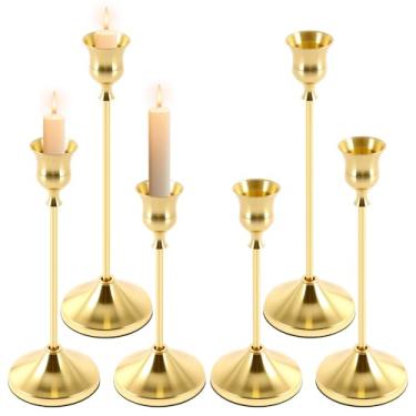 Imagem de Conjunto de 6 castiçais dourados, suporte de vela afunilado de liga de alumínio com tapete antiderrapante, suporte decorativo moderno de 16/19/22 cm para mesa de jantar de casamento, festa de