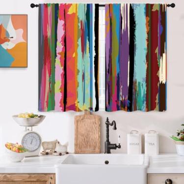 Imagem de Kikiry Cortinas de cozinha coloridas mini 70 cm L x 99 cm C arco-íris sala de aula crianças listras multicoloridas estampa retrô abstrata pequena sala de café bolso varão cortinas de janela tratamento