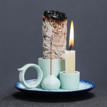 Imagem de Suporte de queimador de incenso de cerâmica 4 em 1 com alça para queimar sálvia, palo santo, varas de joss, vela em sua nova casa, escritório, ioga, sala de meditação (azul celeste)