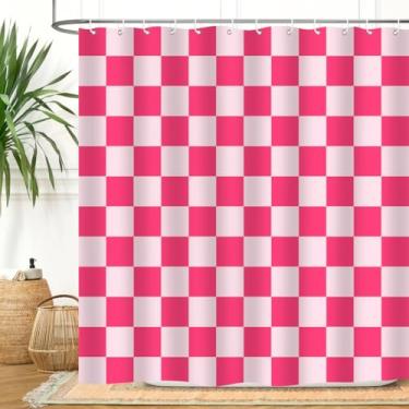 Imagem de ZXMBF Cortina de chuveiro quadriculada rosa geométrica moderna minimalista descolada simples brilhante estética retrô casa banheiro decoração tecido à prova d'água 182 x 182 cm com ganchos de plástico