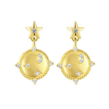 Imagem de Efashion Brincos de planeta femininos banhados a ouro 14K com zircônia embutida em prata esterlina 925, Medium, Ouro amarelo, Zircônia cúbica
