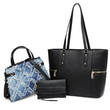 Imagem de VANSARTO Bolsas e bolsas femininas bolsa de ombro alça superior conjunto de bolsa com carteira grande bolsa de trabalho 3 peças, Preto/Jeans, Large