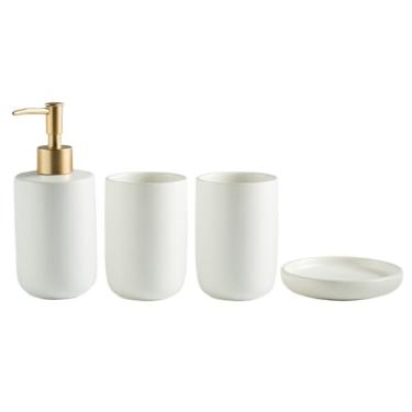 Imagem de Dispensador de sabão Conjunto de 4 acessórios cerâmica para banheiro, incluindo dispensador loção e sabonete, copo para enxaguatório bucal saboneteira(Branco)