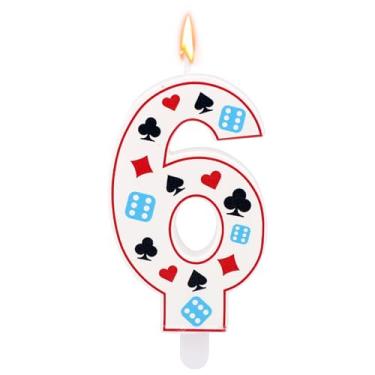 Imagem de Vela de aniversário com tema de cassino, vela com número de dados de pôquer para decorações de bolos, artigos de decoração de festa de aniversário com tema de jogos de azar (número 6)