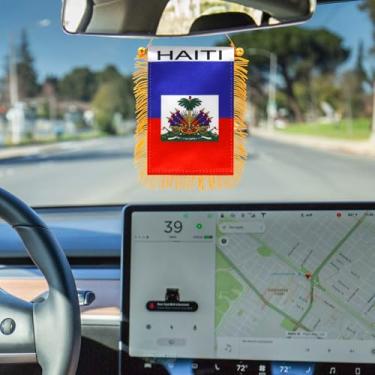 Imagem de 10 x 15 cm Bandeira para pendurar janela com franjas do Haiti - Mini bandeira e decoração de espelho retrovisor de carro - Franja e dupla face - Bandeira suspensa haitiana com ventosa