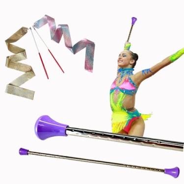 Imagem de Oiloda 2 bastões para girar e 2 fitas de dança, bastão giratório de 53 cm de ginástica rítmica para condução de marcha para Baton Twirler, shows de talentos e dança artística (2 roxos)