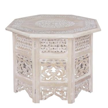 Imagem de COTTON CRAFT Mesa de centro de madeira maciça - Mesa lateral dobrável em octógono boho vintage esculpida à mão - Entrada de espaço pequeno para sala de estar e sala de estar - Sem ferramentas de