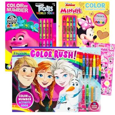 Imagem de Conjunto de livros coloridos por números para meninas ~ pacote com 3 livros de colorir com trolls, Minnie Mouse e Frozen 2 com adesivos (livros de colorir por números para crianças)