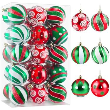 Imagem de Conjunto de 30 bolas de enfeites de Natal, decorações de árvore inquebráveis de 6 cm, bolas de glitter vermelhas verdes e brancas com cordas para pendurar, enfeites de bolas de Natal para festas de