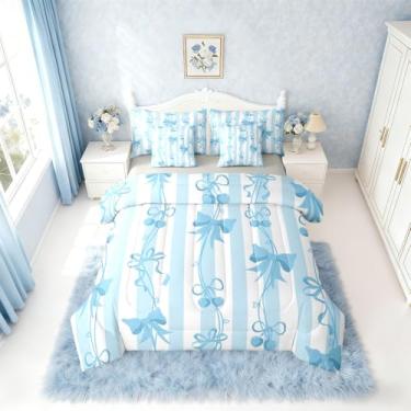 Imagem de Erosebridal Jogo de cama solteiro com laço de cereja em uma bolsa para meninas, lindo conjunto de cama com laço azul, princesa, 7 peças, conjunto de edredom com laços azuis e geométricos para crianças