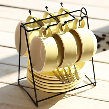 Imagem de WYUYIWH Conjunto de pires de xícara de café de cerâmica 19 peças conjunto de chá de cerâmica doméstico com suporte de copo e colher estilo nórdico conjunto de pires de xícara de chá (cor: amarelo)