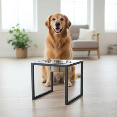 Imagem de Comedouro Elevado para Cães Grandes, Extrutura de Alumínio com Pintura Eletrostática, Tigela Inox Removível, Antiderrapante (PRETO)